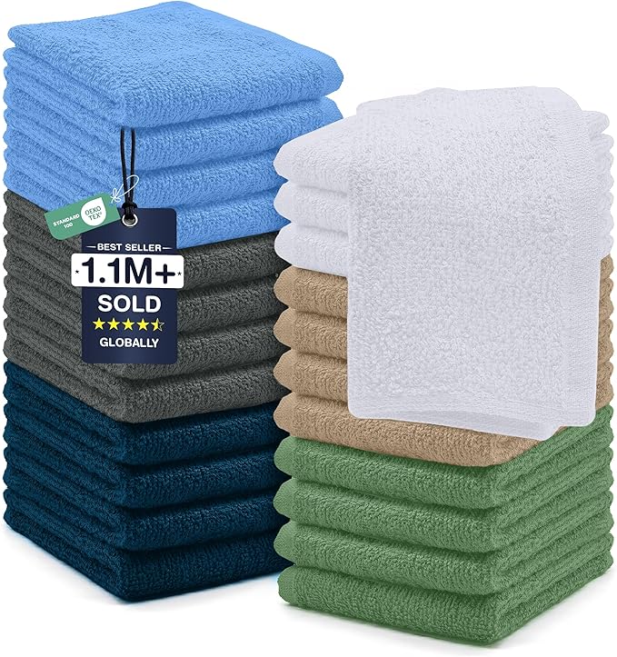 DAN RIVER 24 Pack Cotton Wash Cloths Set for Showering [12x12] Assortment 5 | Lighter Weight, Quick to Dry, Super Soft & Absorbent Face Towels, Hotel Quality, Perfect for Bathroom, Gym, Spa