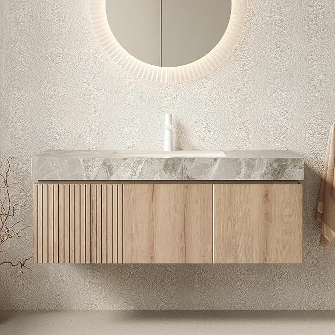 48” Floating Bathroom Vanity with Sink, Wall-Mounted Cabinet with Drawer & Doors, Gray Travertine-Pattern Sintered Stone Top, Undermount Basin, Single Faucet Hole, Soft-Close, Pre-Assembled, Light Oak