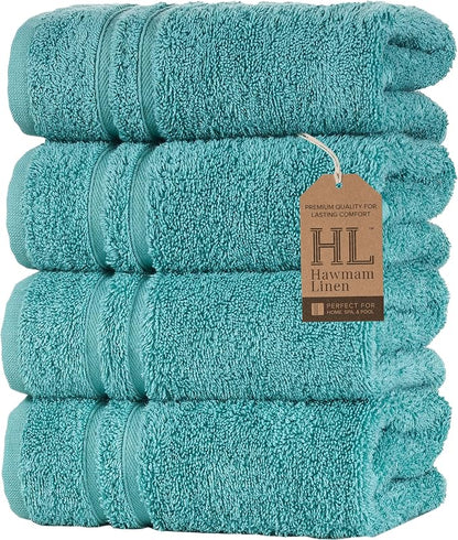 Hawmam Linen Teal Turquoise Hand Towels 4 Pack Turkish Cotton Premium Quality Soft and Absorbent Small Towels for Bathroom