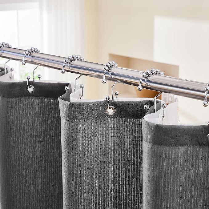 3 in 1 Shower Curtain Set, 72x84 Grey Shower Curtain and Liner with 12 Double Sided Shower Curtain Hooks, Cloth Shower Curtains for Bathroom,Waterproof