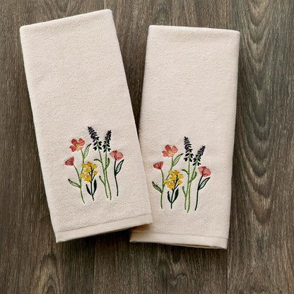 SKL Home Meadow Bouquet Hand Towel Set-2pc, Embroidered, Natural | 100% Cotton. Soft, decorative velour. For use in the bathroom, kitchen or bar & makes a great gift.