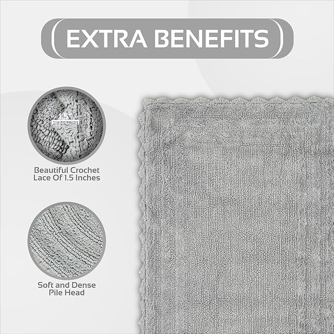 Better Trends 4 Piece Lilly Crochet Large Bath Mat Set 100% Cotton Soft Luxury Runner Bathroom Rug Reversible Absorbent Washable for Bathroom Floor Decor, Shower, Gray
