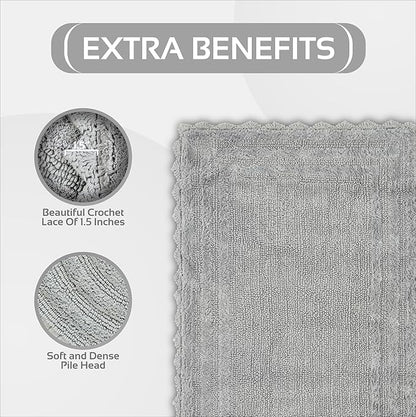 Better Trends 3 Piece Lilly Crochet Large Bath Mat Set 100% Cotton Soft Luxury Runner Bathroom Rug Reversible Absorbent Washable for Bathroom Floor Decor, Bathtub, Gray