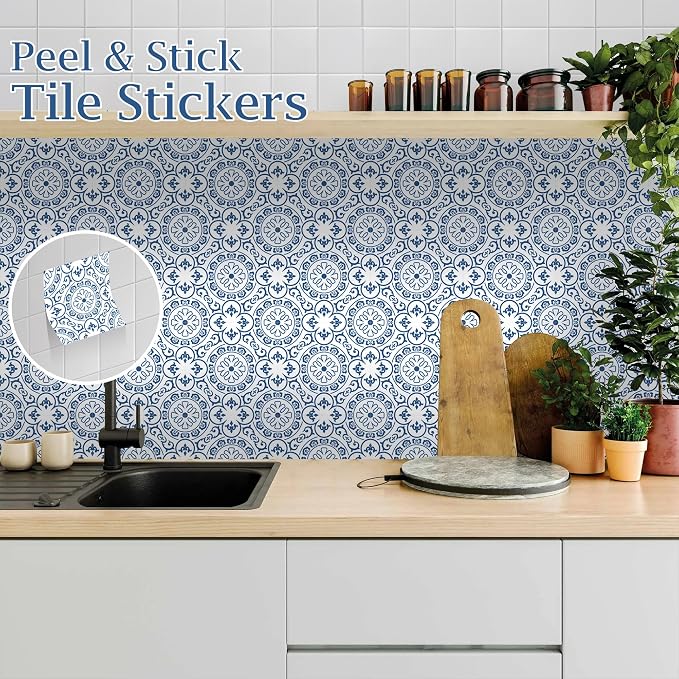 SVNOOC Peel & Stick Tile Stickers 12 PCS Self Adhesive Backsplash Decorative Wall Stickers for Kitchen Bathroom Tile Decals Waterproof & Removable 6" x 6" (Blue)