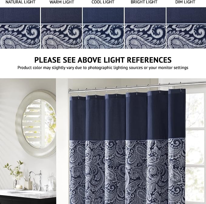 Madison Park Aubrey Shower Curtain for Bathroom, Jacquard, 72 x 72, Navy | Microfiber, Adds Privacy, Machine Washable, Striped Pattern, OEKO-TEX Certified