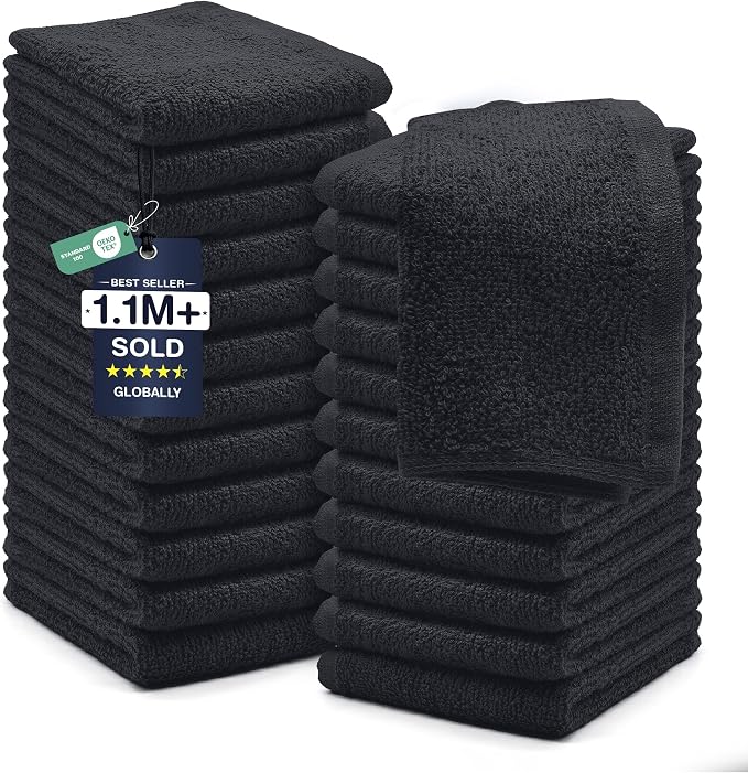 DAN RIVER 24 Pack Cotton Wash Cloths Set for Showering [12x12] Charcoal | Lighter Weight, Quick to Dry, Super Soft & Absorbent Face Towels, Hotel Quality, Perfect for Bathroom, Gym, Spa