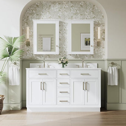 60-Inch Bathroom Vanity with Double Sinks W/ 4 Doors & 4 Drawers & 2 Flip Drawers, White Vanity W/Brushed Nickel Handles