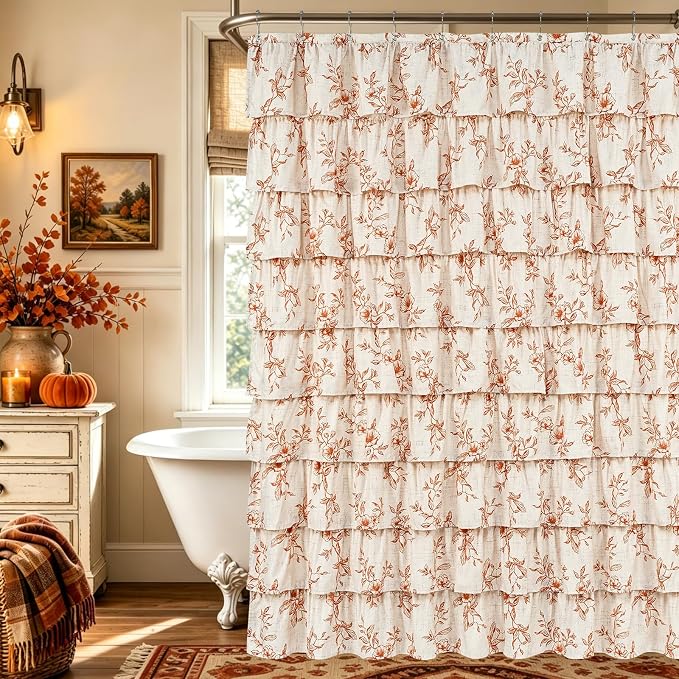 Fall Extra Long Ruffle Shower Curtains for Bathroom with Floral, 72"Wx84"L | Orange Floral Print, Ruflle Design, 12 Metal Hooks, Vintage Rustic Washable Waterproof Shower Curtain for Bathroom Bathtub