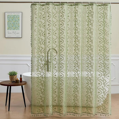 WAZZIO Sage Green Lace Shower Curtain - Vintage Pretty Floral Sheer Shower Curtains, Elegant Decorative Tassel Bath Curtains for Bathroom, 72 x 72 Inch, 1 Piece