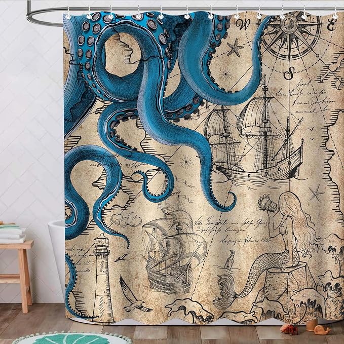Fungarth 84 Inch Extra Long Vintage Nautical Octopus Shower Curtain Navy Blue Mermaid Funny Ocean Kraken Shower Curtains for Bathroom Cool Coastal Map Waterproof Fabric Bath Curtain (Retro, 72” x 84”)