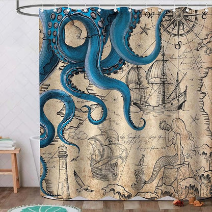 Fungarth 84 Inch Extra Long Vintage Nautical Octopus Shower Curtain Navy Blue Mermaid Funny Ocean Kraken Shower Curtains for Bathroom Cool Coastal Map Waterproof Fabric Bath Curtain (Retro, 72” x 84”)