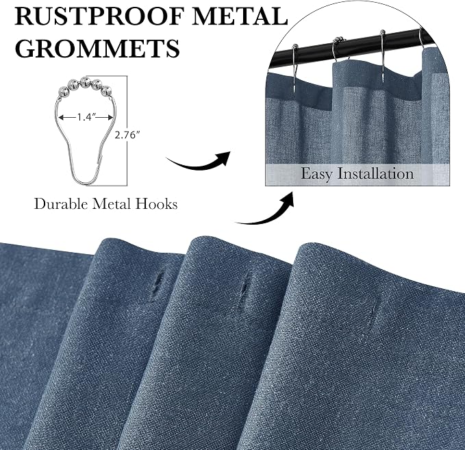 KGORGE Linen Fabric Shower Curtain Sets for Bathroom-Button Hole Waterproof Lightweight Washable Privacy Shower Curtains for Bathtub with 12 Metal Hooks, W72 x L84 inches, Navy Blue, 1 Panel