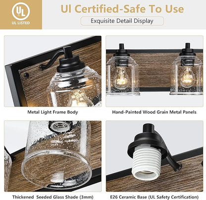 Vanity Lights for Bathroom Large 23", Farmhouse Rustic Vanity Light with Bubble Glass Shades, Brown 3 Light Bathroom Lighting Fixtures Over Mirror, Bath Wall Sconce Home Decor