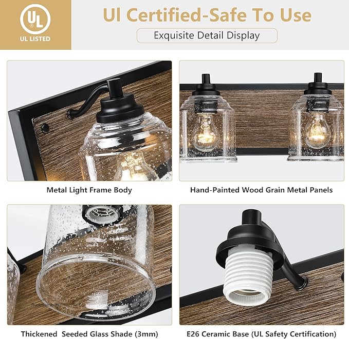 Vanity Lights for Bathroom Large 15.8", Farmhouse Rustic Vanity Light with Bubble Glass Shades, Brown 2 Light Bathroom Lighting Fixtures Over Mirror, Bath Wall Sconce Home Decor