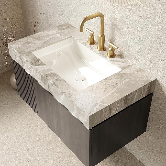 36" Floating Bathroom Vanity with Sink, Modern Plywood Storage Cabinet with Drawer and Door, Light Gray Sintered Stone Top and 3 Pre-drilled Faucet Holes Ceramic Basin, Pre-Assembled, Espresso