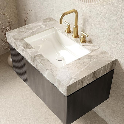 36" Floating Bathroom Vanity with Sink, Modern Plywood Storage Cabinet with Drawer and Door, Light Gray Sintered Stone Top and 3 Pre-drilled Faucet Holes Ceramic Basin, Pre-Assembled, Espresso