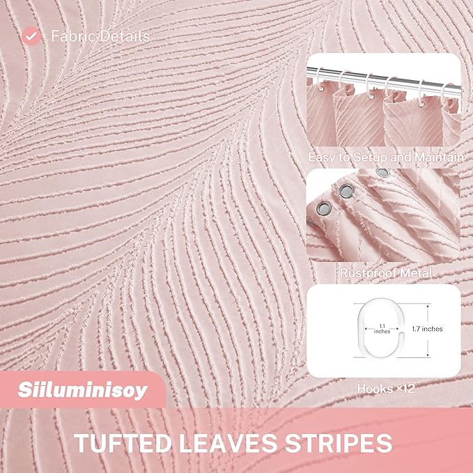 Pink Shower Curtain Cute Shower Curtain Fabric Shower Curtains for Girl Tufted Leaves Textured Striped Modern Cloth Shower Curtains for Bathroom, 72" x72"