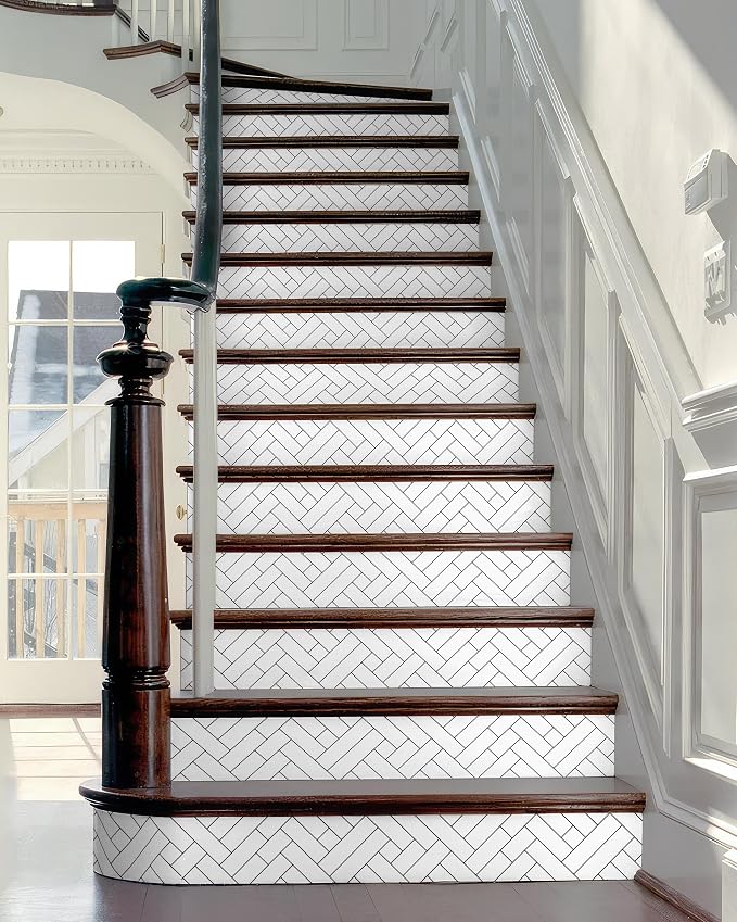 FLFK Black Lines Stair Stickers - Set of 15, Peel and Stick Stair Riser Decals, 39.3"x7.08"