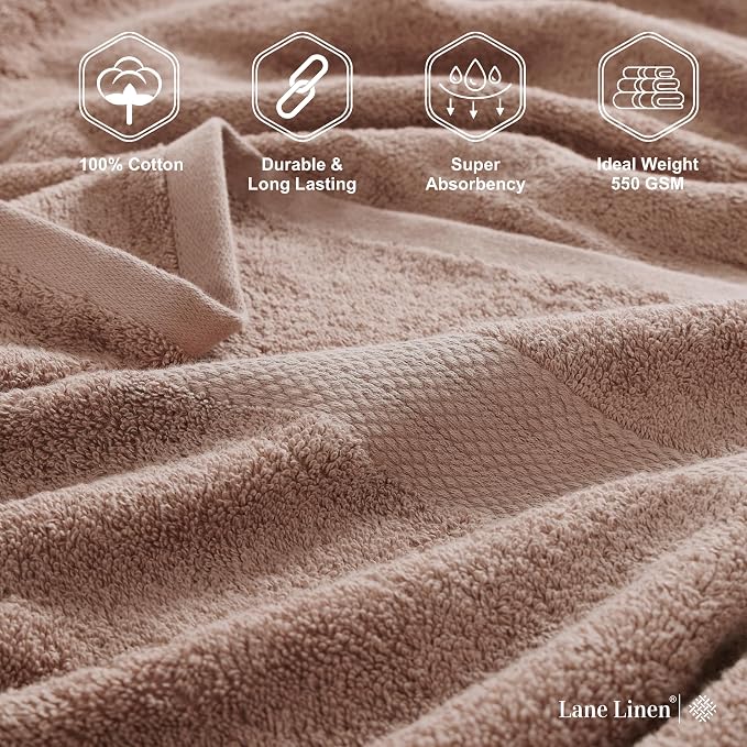 LANE LINEN Bath Towel Set 100% Cotton 4 Piece Soft Absorbent - Taupe | Cotton Bath Towels - Densely Woven, Coordinated Colors, Dobby Border Accent, OEKO-TEX Certified, Ring-Spun Durability