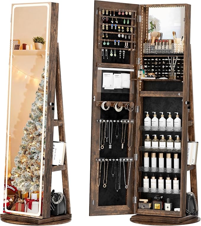 NUNU LAB LED Mirror Jewelry Cabinet Standing, Jewelry Armoire with Full Length Mirror, 360° Swivel Jewelry Cabine with Adjustable LED Lights, Lockable Jewelry Organizer Storage, Brown