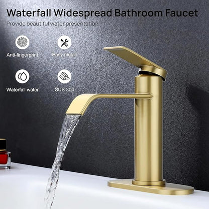 GAGALIFE Bathroom Faucet 1 Hole - Brushed Gold Bathroom Sink Faucet with Metal Pop-up Drain Supply Lines and Deck, Modern Waterfall Bathroom Faucets Single Handle, JJL-MP-7001BG