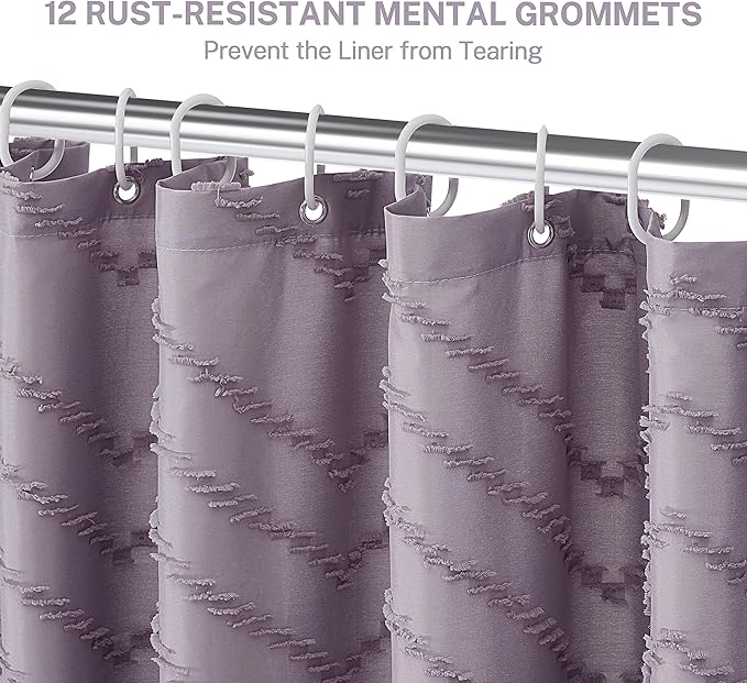 Extra Long Boho Shower Curtain - Purple Woven Fabric, 72 x 84, Tufted Chevron Striped, Modern Chic Textured Minimalist