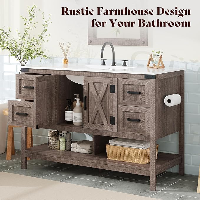 AMERLIFE 48” Farmhouse Bathroom Vanity with Sink, Freestanding Cabinet with 4 Drawers, Double Barn Doors & Open Shelf, Rustic Storage for Master or Family Bathroom, Light Gray