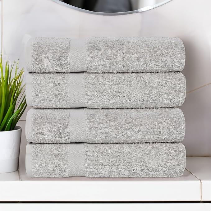 SUPERIOR 4-Piece Cotton Bath Towel Set, Towels for Adults, Kids, Fast Drying Body Towels, Shower, Bath, Pool, Guest/Master Bathroom Essentials, Dorm, Home, Apartment, Franklin Collection, Silver