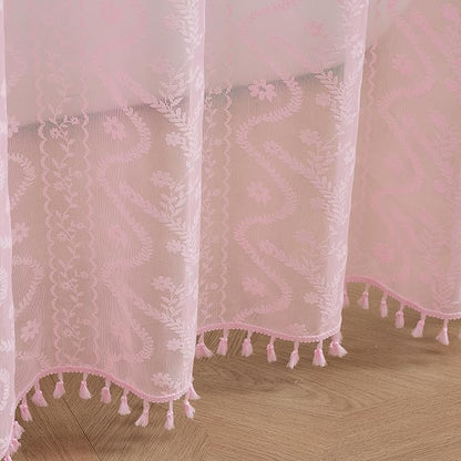 WAZZIO Pink Lace Shower Curtain - Vintage Pretty Pastel Girl Floral Shower Curtain Girly, Cute Coquette Tassel Princess Bath Curtains for Bathroom, 72 x 72 Inch, 1 Panel