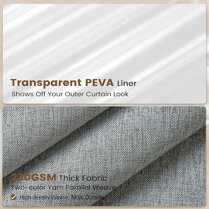 BTTN Stall 3 in 1 Linen Textured Shower Curtain & Liner, 36x72, Grey/Gray | Half Size, 230GSM Heavy Duty Polyester, Waterproof Clear Liner, Weighted Hem, 6 Plastic Hooks, Hotel Style, Machine Washable