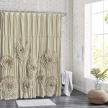 72 x 72 Camel Vintage Ruffled Floral Shower Curtain, Farmhouse Decorative Bathroom Curtain with Ruched 3D Flowers, Cottage Cloth Bath Curtain for Home Decor, Microfiber (LQ-41)