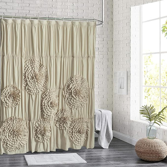 72 x 72 Camel Vintage Ruffled Floral Shower Curtain, Farmhouse Decorative Bathroom Curtain with Ruched 3D Flowers, Cottage Cloth Bath Curtain for Home Decor, Microfiber (LQ-41)