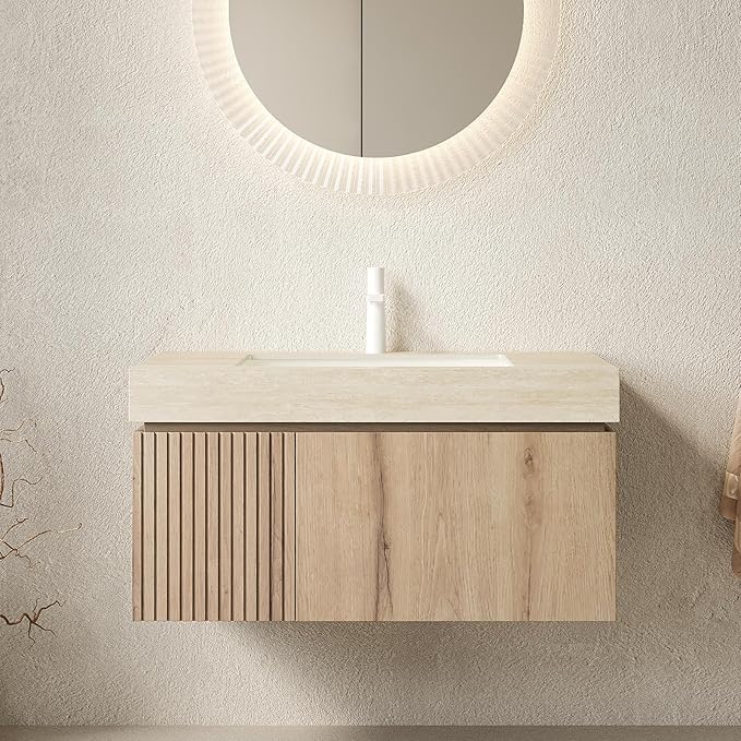 Bathroom Vanity with Sink 36 Inch, Floating Bathroom Vanity Sink Cabinet with Drawer and Door, Undermount Sink & Travertine-Pattern Sintered Stone Top, Pre-Assembled, White Oak