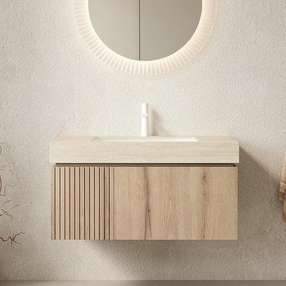 Bathroom Vanity with Sink 36 Inch, Floating Bathroom Vanity Sink Cabinet with Drawer and Door, Undermount Sink & Travertine-Pattern Sintered Stone Top, Pre-Assembled, White Oak