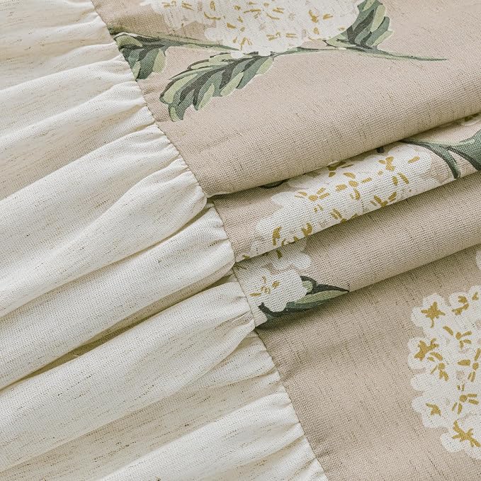 ORTIGIA Linen Textured Ruffle Shower Curtain with Metal Hooks, Off-White Cream Floral Hydrangea Waterproof Bath Curtain for Rustic Farmhouse Bathroom Decor 72x72 Inch
