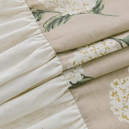 ORTIGIA Linen Textured Ruffle Shower Curtain with Metal Hooks, Off-White Cream Floral Hydrangea Waterproof Bath Curtain for Rustic Farmhouse Bathroom Decor 72x72 Inch