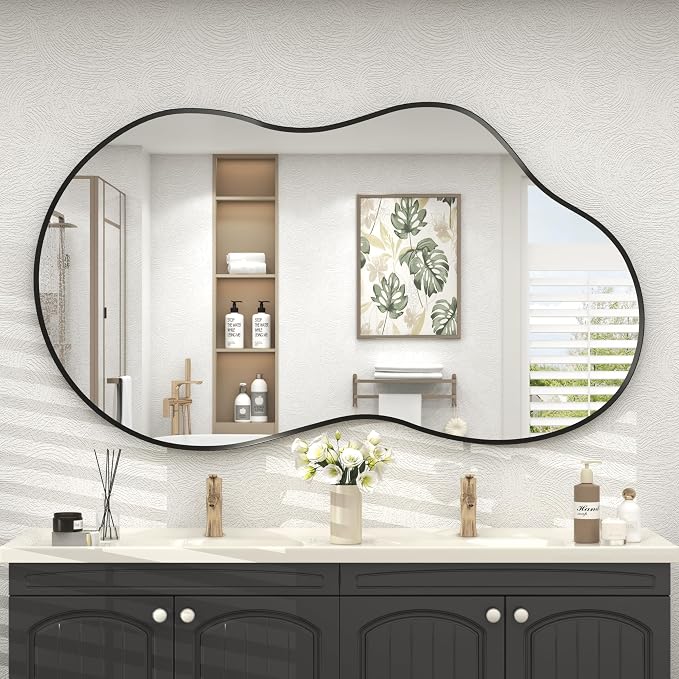 48x27 Black Irregular Mirror, Matte Asymmetrical Bathroom Mirror | Black Vanity Mirror for Bathroom Bedroom Entryway, Aluminum Frame, Shatterproof, Anti-Rust (Horizontally/Vertically)