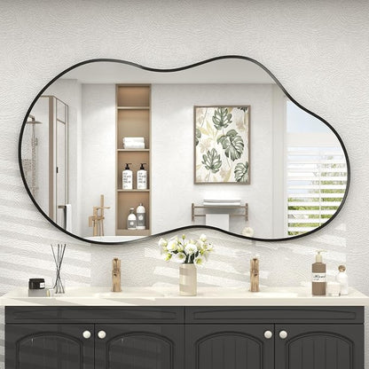 48x27 Black Irregular Mirror, Matte Asymmetrical Bathroom Mirror | Black Vanity Mirror for Bathroom Bedroom Entryway, Aluminum Frame, Shatterproof, Anti-Rust (Horizontally/Vertically)
