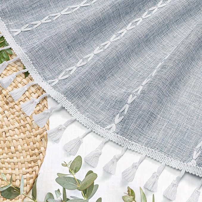 Boho Farmhouse Tassel Linen Shower Curtain,3D Embroidery Stripe Blue,36x72 | Small Stall Half Size,310GSM Linen Texture Heavy Duty Cloth,Water Repellent,Wrinkle Resistant,Vintage Rustic Country design