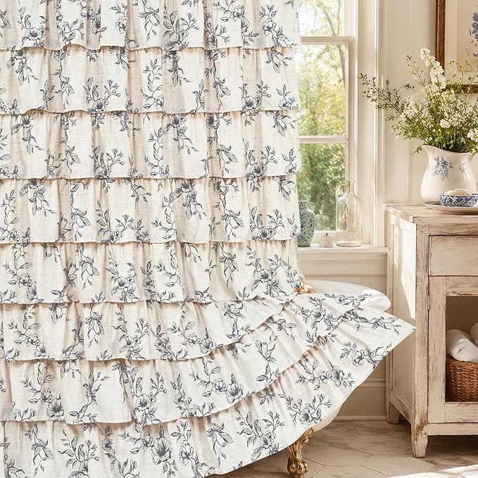 Yinhua Farmhouse Ruffle Shower Curtains for Bathroom, 72" Wx72 L | Black Floral Print, Ruflle Design, 12 Metal Hooks, Vintage Rustic Washable Waterproof Shower Curtain for Bathroom Bathtub