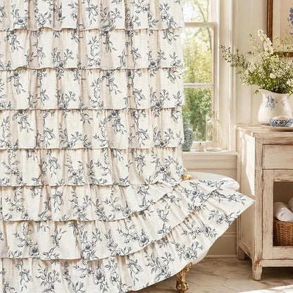 Yinhua Farmhouse Ruffle Shower Curtains for Bathroom, 72" Wx72 L | Black Floral Print, Ruflle Design, 12 Metal Hooks, Vintage Rustic Washable Waterproof Shower Curtain for Bathroom Bathtub