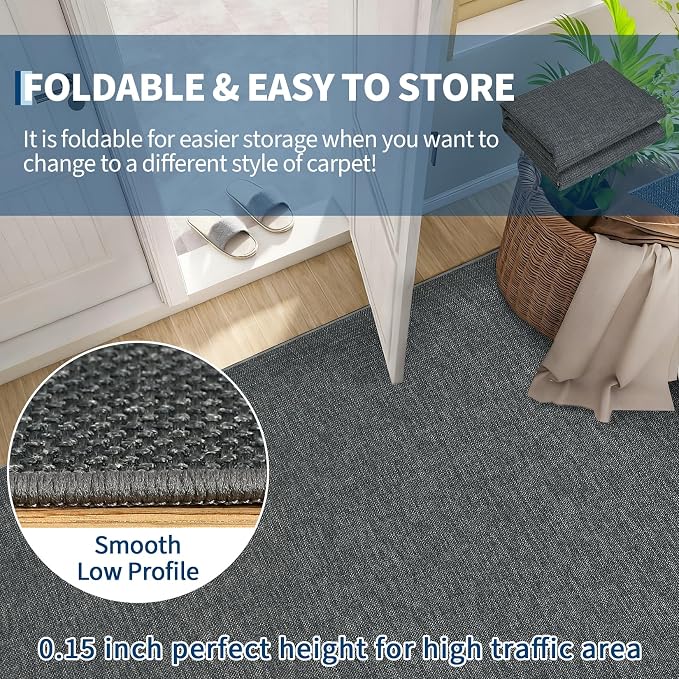 Garvee Modern Solid Washable Rug 8x10 Area Rugs for Living Room Charcoal | Woven Textured Ultra-Thin Rug Non Slip Non-Shedding Indoor Floor Mat Foldable Farmhouse Carpet for Bedroom Office Dining Room