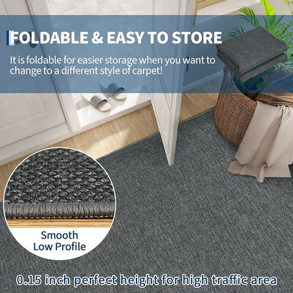 Garvee Modern Solid Washable Rug 8x10 Area Rugs for Living Room Charcoal | Woven Textured Ultra-Thin Rug Non Slip Non-Shedding Indoor Floor Mat Foldable Farmhouse Carpet for Bedroom Office Dining Room