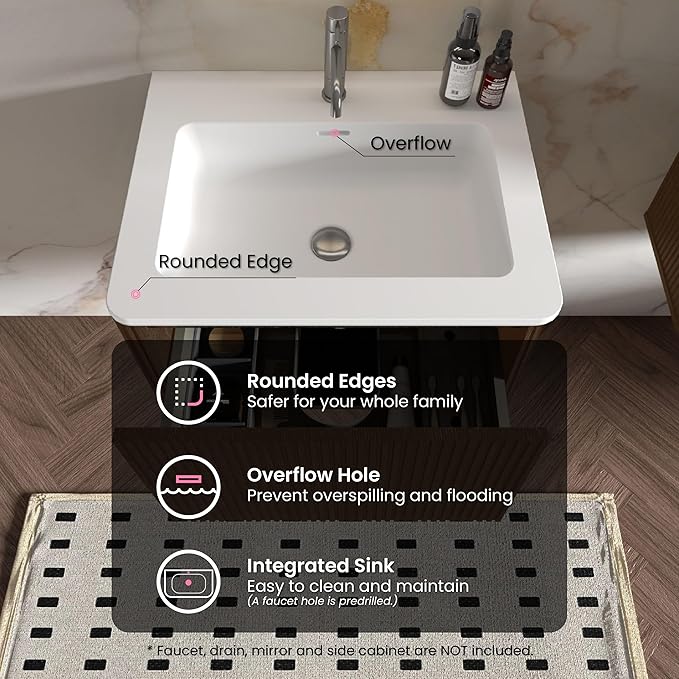 24" Bathroom Vanity with Sink, Modern Floating Vanity with Push Open Soft Close Drawer, Large Storage for Small Space, Hotel, Brushed Black Oak, Fully Assembled - Camellia Collection