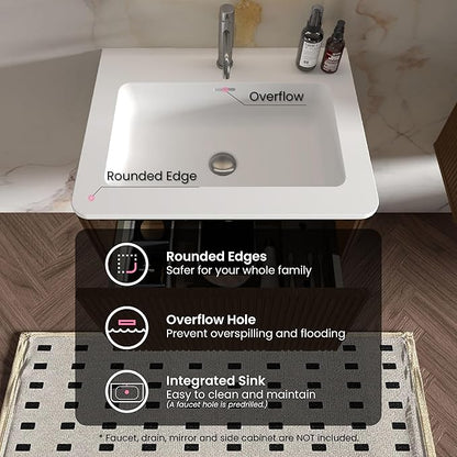 24" Bathroom Vanity with Sink, Modern Floating Vanity with Push Open Soft Close Drawer, Large Storage for Small Space, Hotel, Brushed Black Oak, Fully Assembled - Camellia Collection