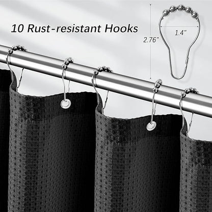 Black Fabric Shower Curtain for Bathroom Stall, 60 inch Waffle Weave Machine Washable Waterproof 256GSM Heavy Duty Weighted Bath Curtain Set with 10 Metal Hooks, 60Wx72H