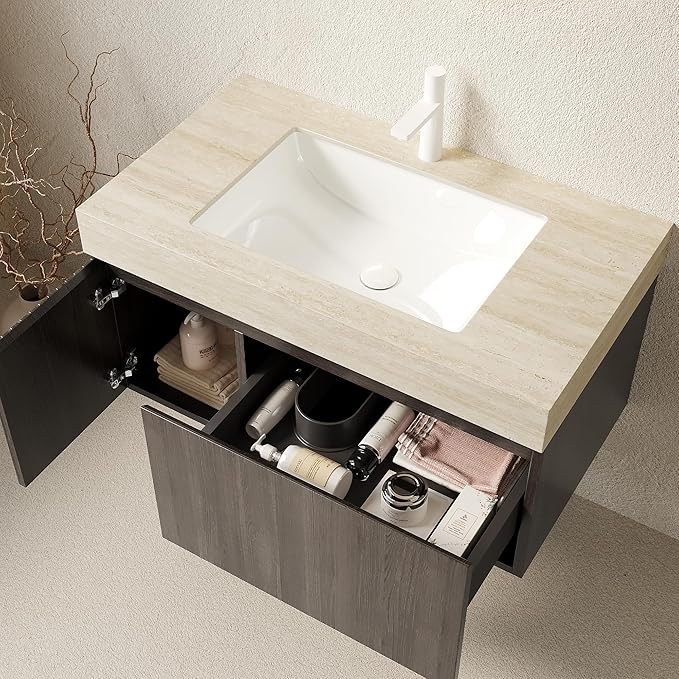 Ambrovina 36" Floating Bathroom Vanity with Sink, Modern Plywood Storage Vanities with Drawer and Door, Roma Travertine-Pattern Countertop and Ceramic Basin, Pre-Assembled Cabinet, Espresso Woodgrain