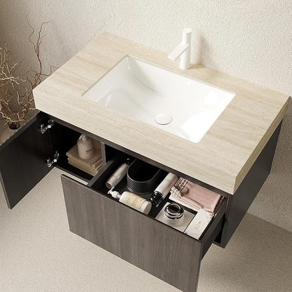 Ambrovina 36" Floating Bathroom Vanity with Sink, Modern Plywood Storage Vanities with Drawer and Door, Roma Travertine-Pattern Countertop and Ceramic Basin, Pre-Assembled Cabinet, Espresso Woodgrain