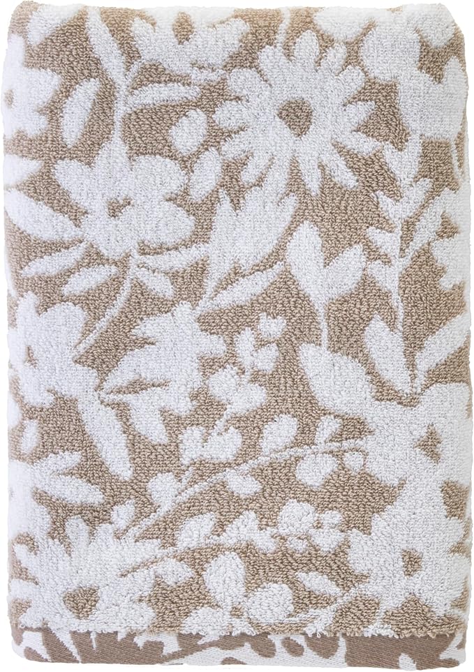 SKL Home Bedford Floral Bath Towel, Premium 100% Cotton, Tan | 600 GSM weight. Spa-level quality. Soft, & absorbent, reversible jacquard.