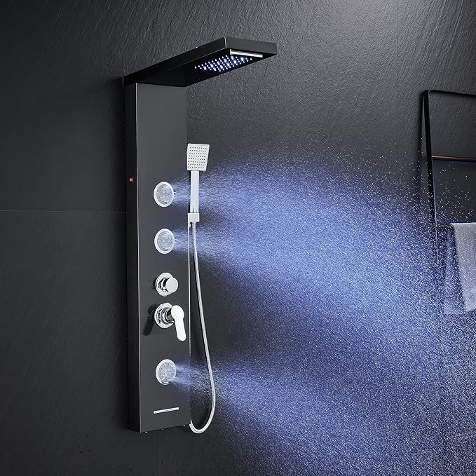 ROVATE 6 in 1 LED Rainfall Waterfall Shower Panel Tower System, Black | Stainless Steel Shower Column with Tub Spout, Rainfall Waterfall Shower Head, 2-Setting Massage Body Jets, Flexible Handheld